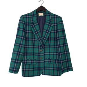 Pendleton Vintage Wool Blazer Womens 12 Green Blue Tartan Plaid Jacket Lined